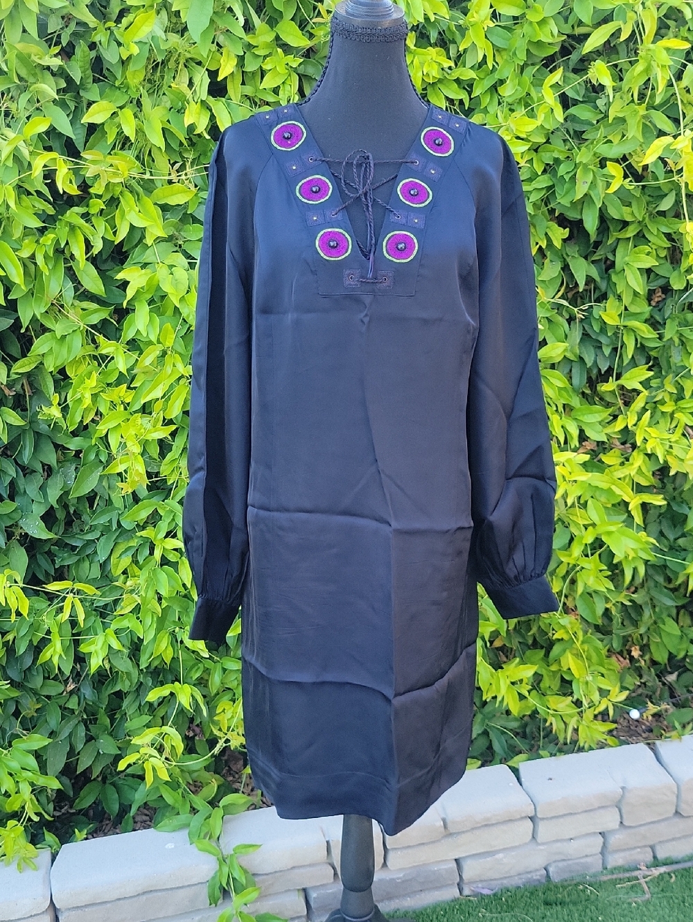 Whimsigoth Dark Navy Satin Dress with Purple Embroidered Accents L